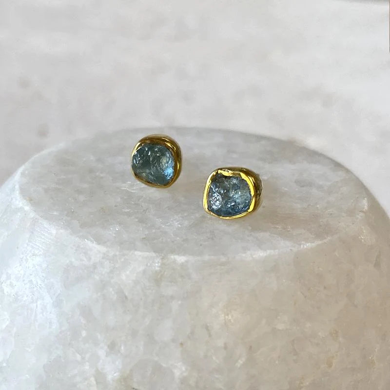 Bezel Set Gemstone Stud Earrings - Aquamarine