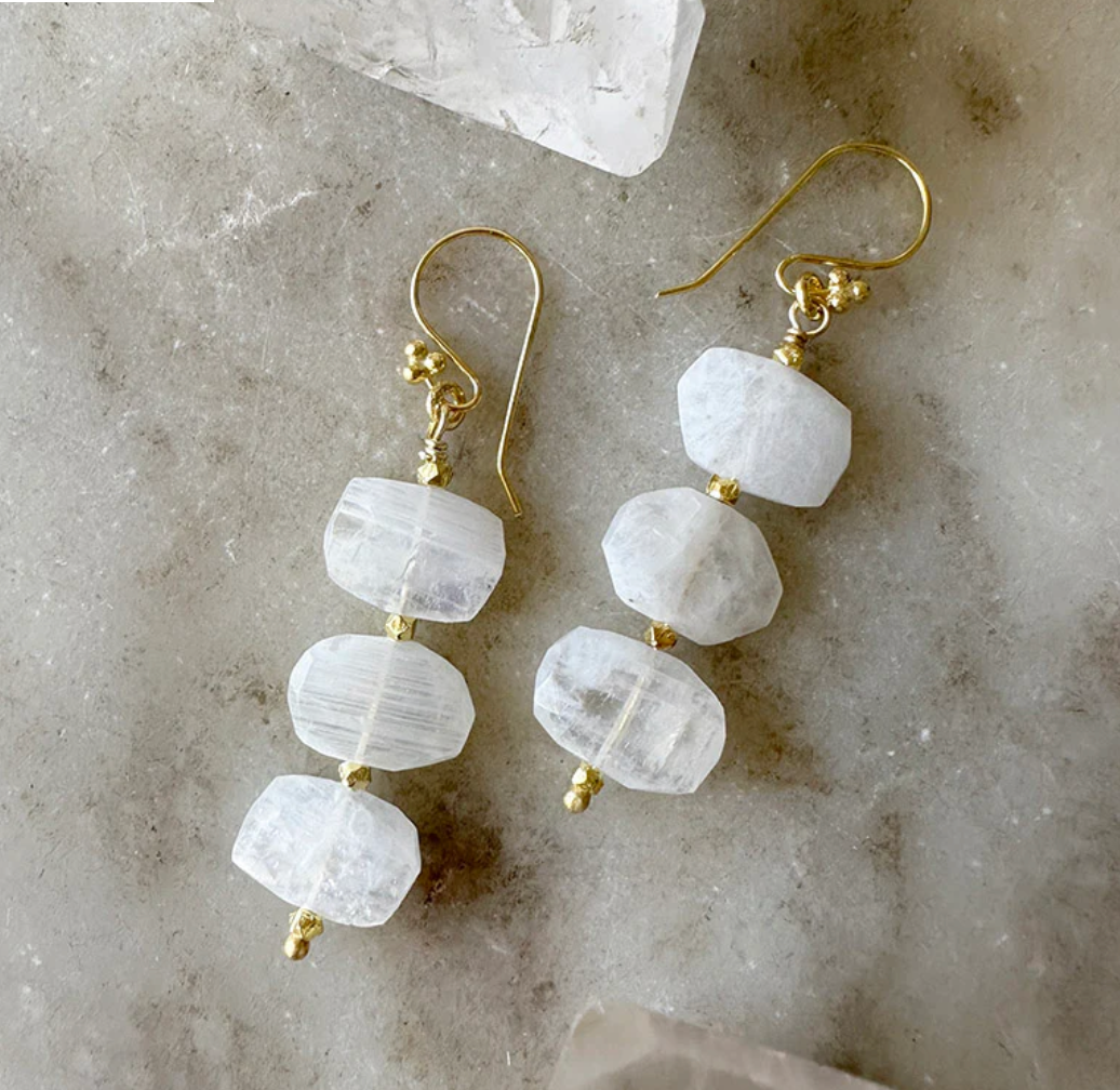 Moonstone Gemstone 3-Drop Earrings