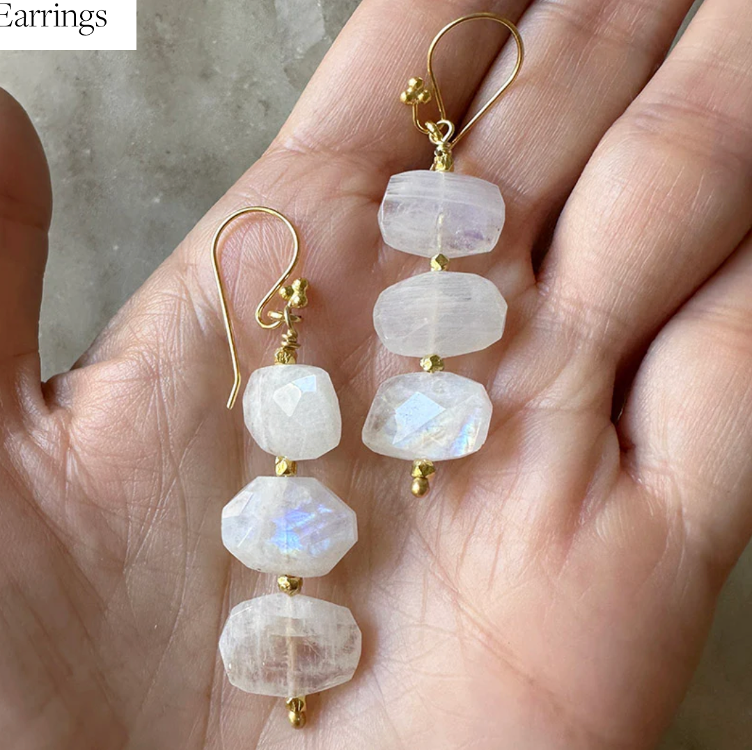 Moonstone Gemstone 3-Drop Earrings