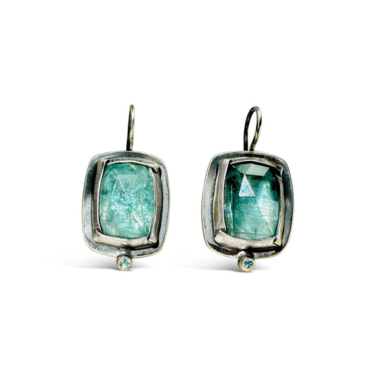 Oxidized Sterling Silver 'Rectangle Fold' Earrings with Blue Kyanite + Blue Zircon