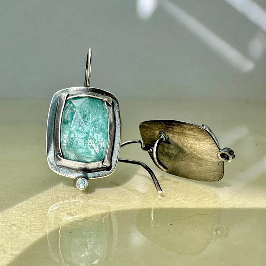 Oxidized Sterling Silver 'Rectangle Fold' Earrings with Blue Kyanite + Blue Zircon