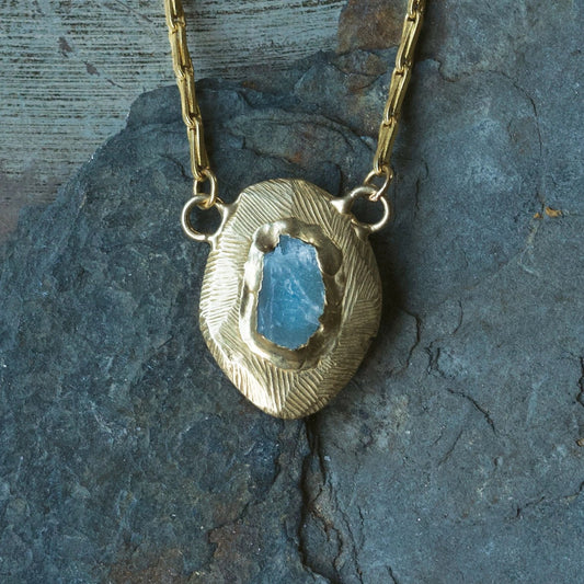 Brass Reflector Pendant Necklace with Raw Aquamarine