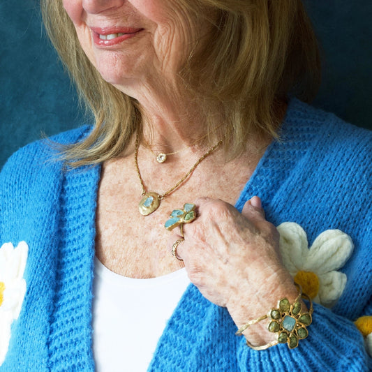 Brass Reflector Pendant Necklace with Raw Aquamarine