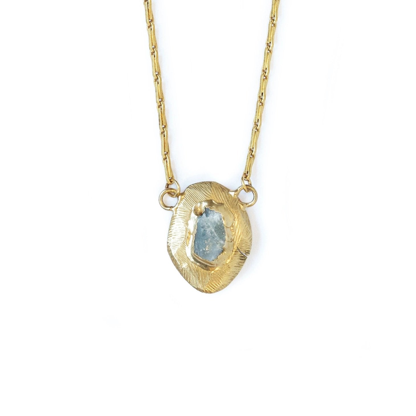Brass Reflector Pendant Necklace with Raw Aquamarine