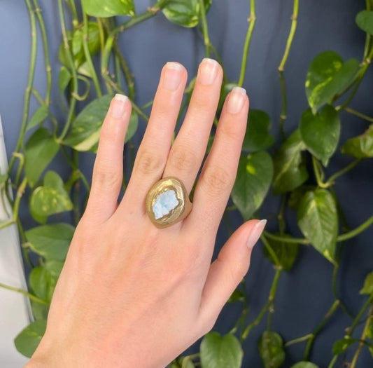 Brass Reflector Statement Ring with Raw Aquamarine