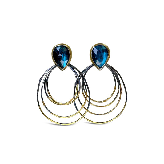Mixed-Metal 'Ripple Rim' Post Hoop Earrings with Teal Kyanite