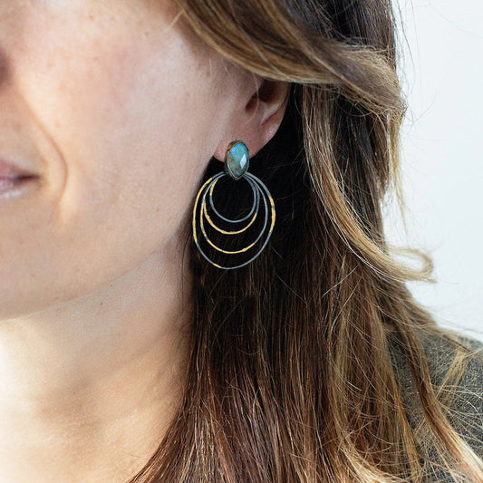 Mixed-Metal 'Ripple Rim' Post Hoop Earrings with Teal Kyanite
