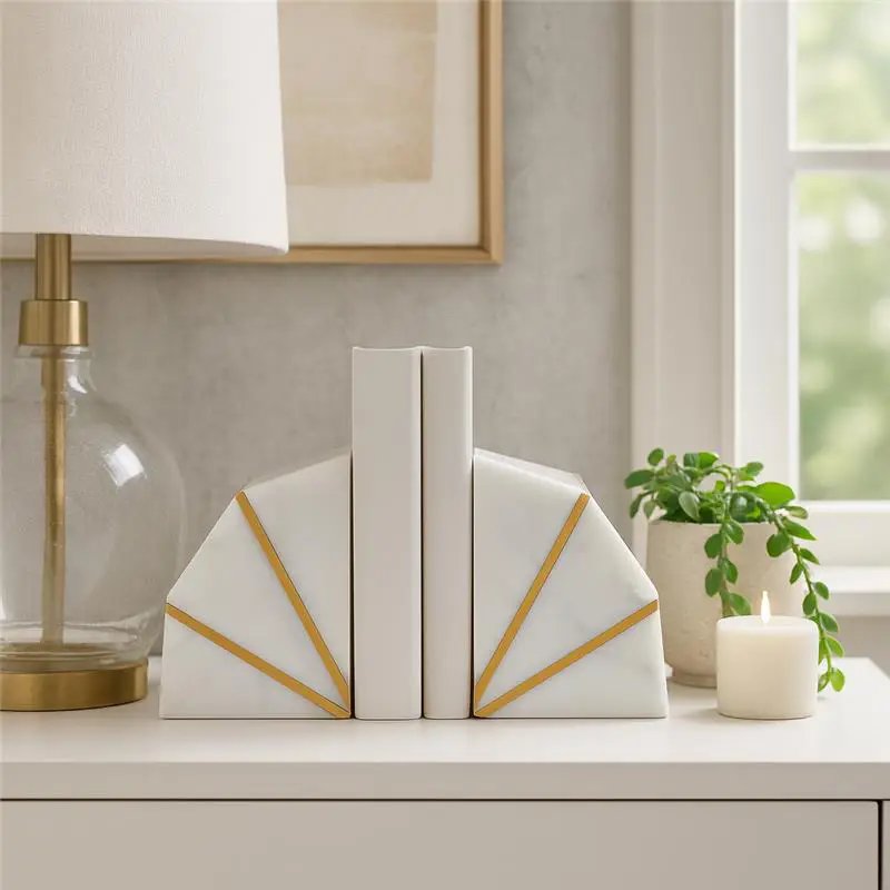 White Marble + Brass Inlay Bookends (Set of 2)