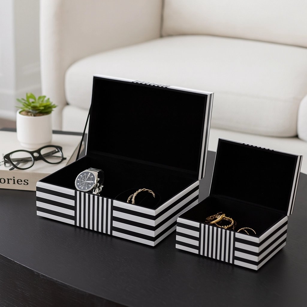 Decorative Black + White Striped Storage Box (select size)