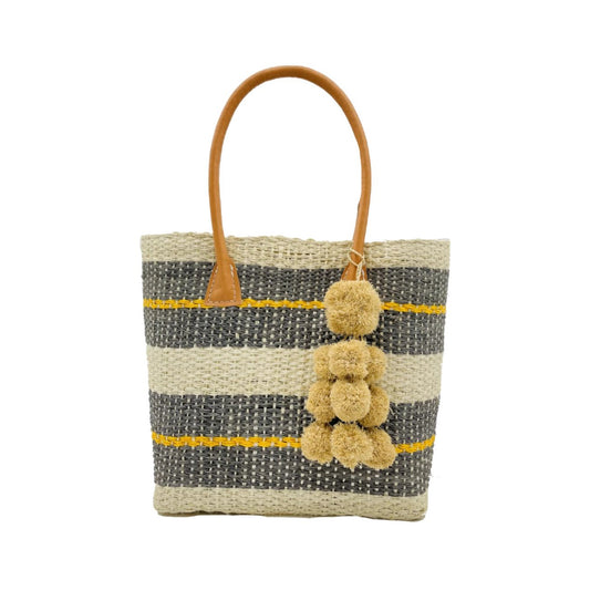 Imperial Sisal Basket Bag with Waterfall Pompoms - Grey/Yellow