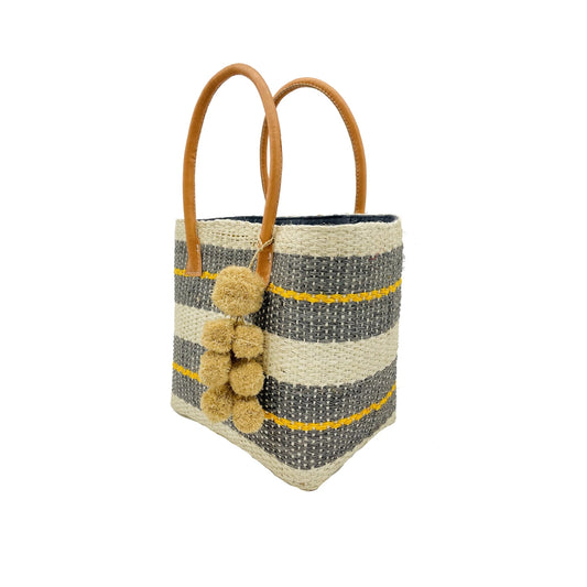 Imperial Sisal Basket Bag with Waterfall Pompoms - Grey/Yellow