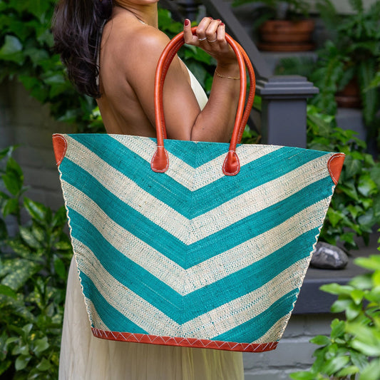 Large Santa Cruz Wide Stripe Chevron Straw Tote Bag - Teal