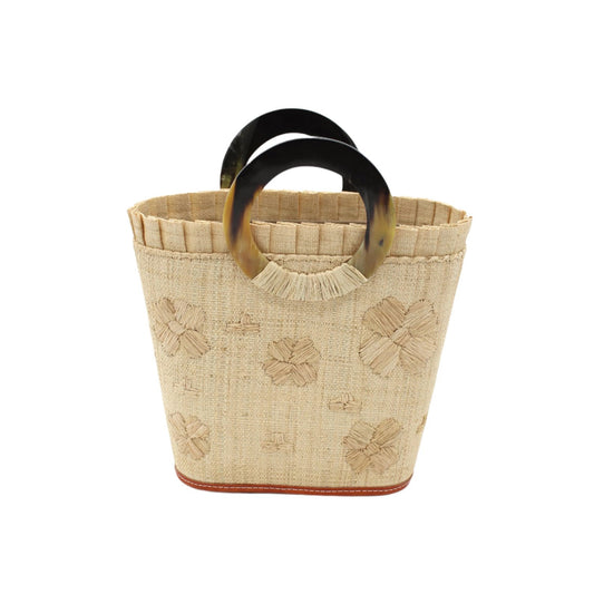 Tulum Straw Bucket Handbag with Flower Embroidery + Horn Handles