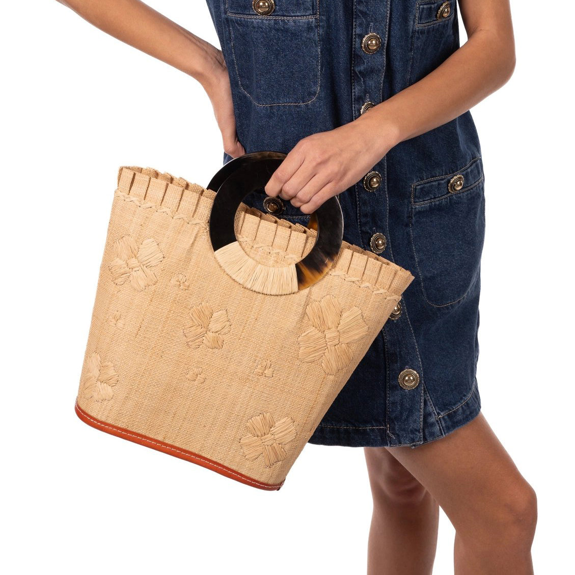 Tulum Straw Bucket Handbag with Flower Embroidery + Horn Handles