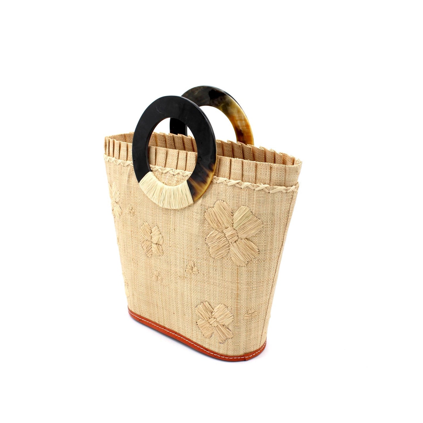 Tulum Straw Bucket Handbag with Flower Embroidery + Horn Handles