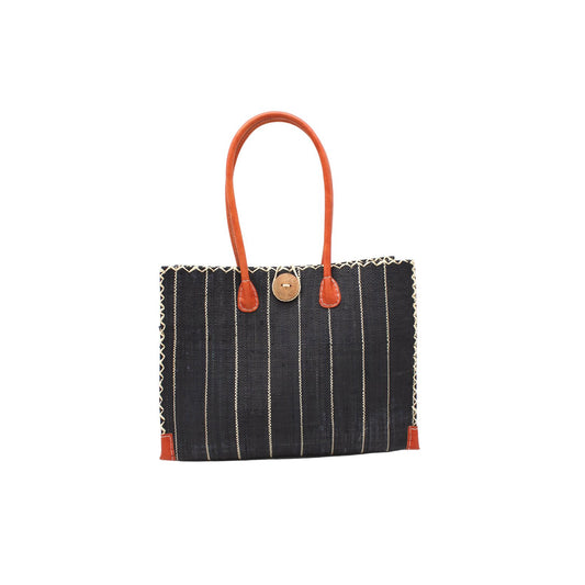 Small Zafran Pinstripes Straw Beach Bag - Black