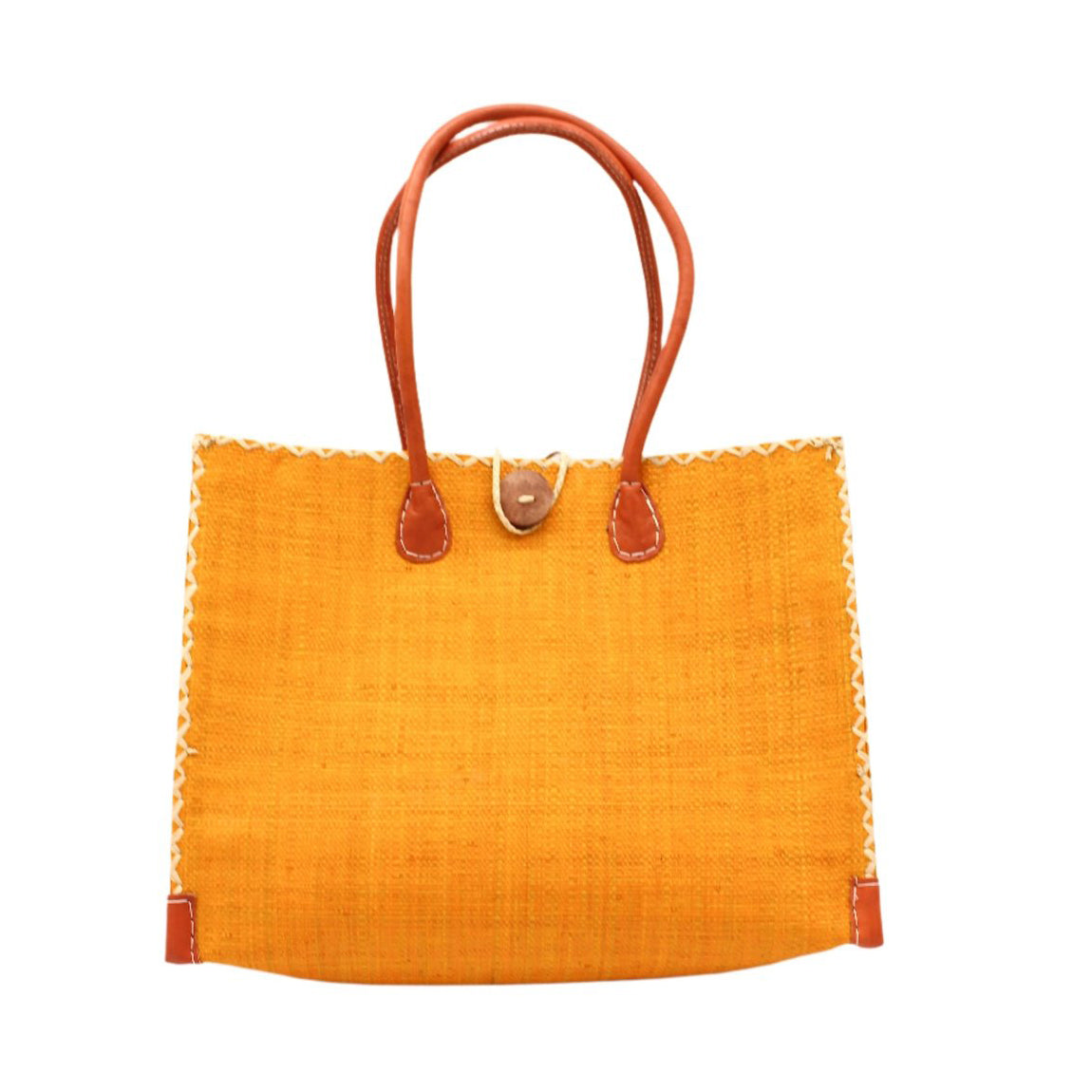 Large Zafran Solid Color Straw Beach Bag - Saffron