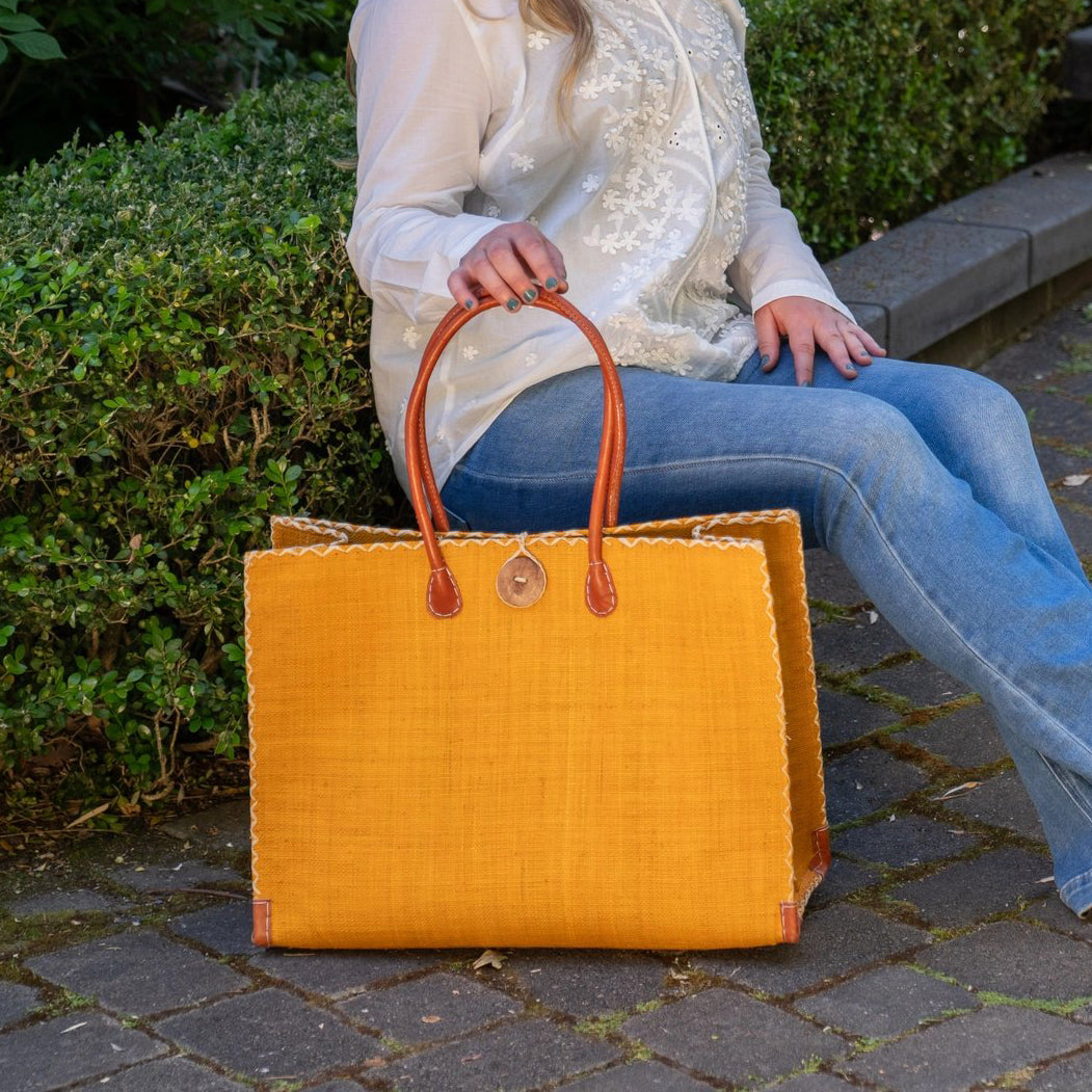 Large Zafran Solid Color Straw Beach Bag - Saffron