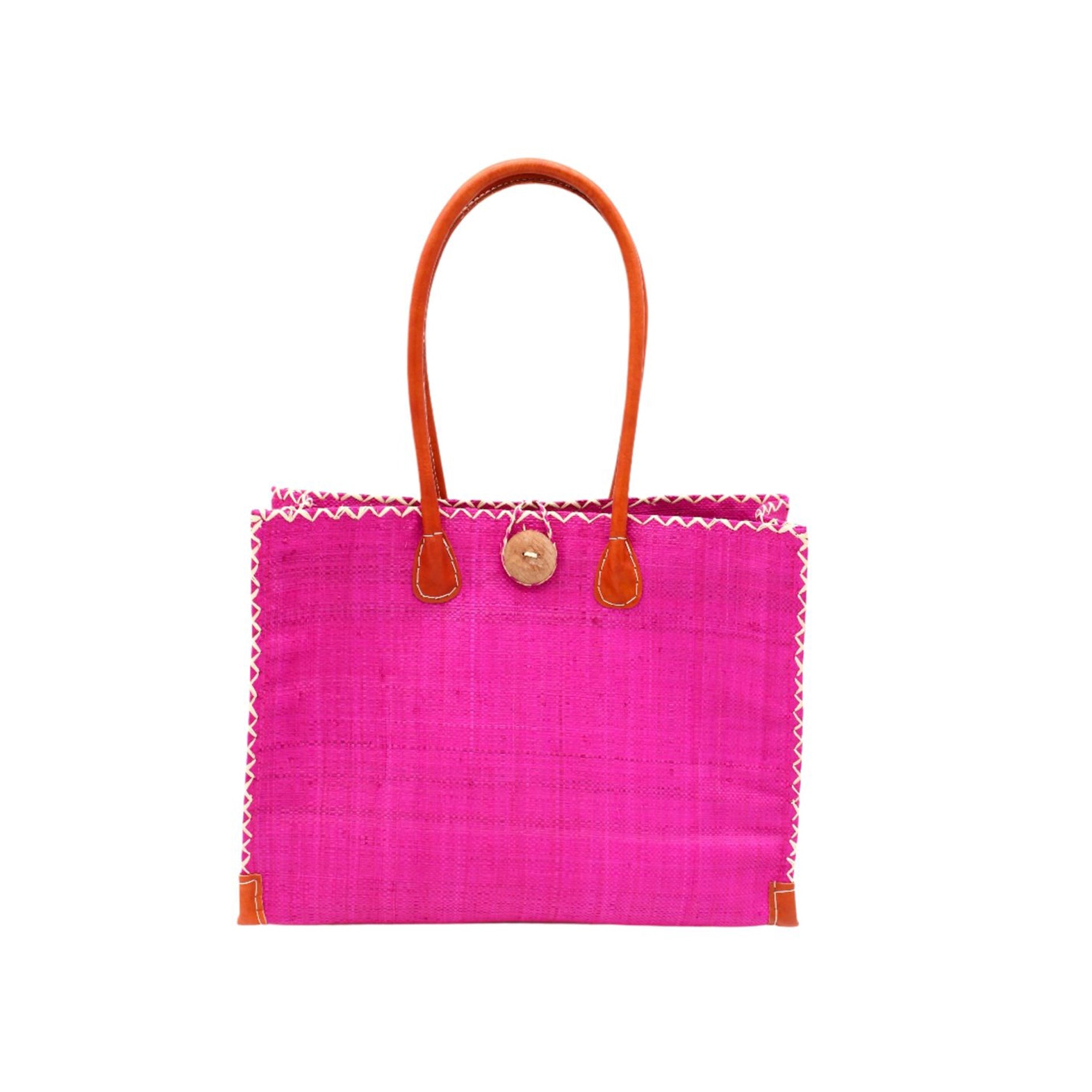 Medium Zafran Solid Color Straw Beach Bag - Fuchsia