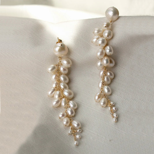 Sereine Long Pearl Cluster Statement Earrings