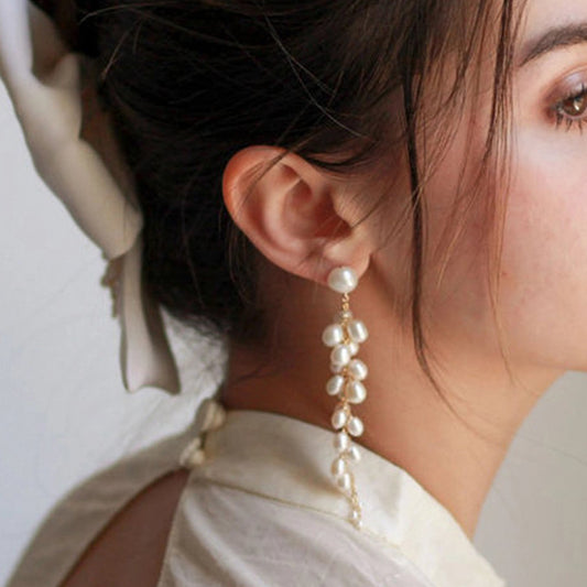 Sereine Long Pearl Cluster Statement Earrings