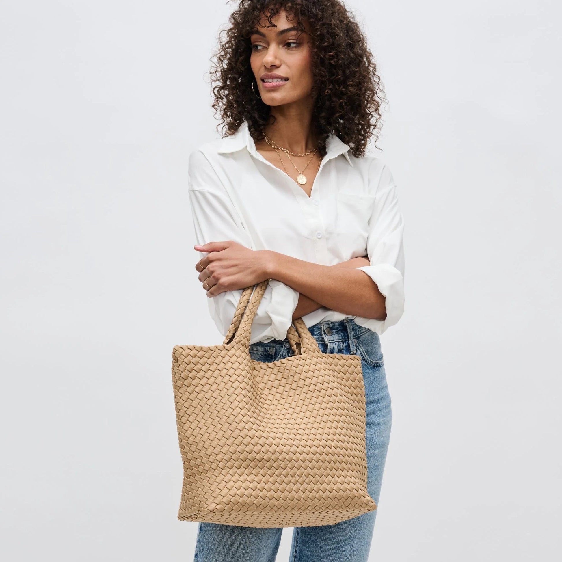 Sky’s The Limit Medium Woven Neoprene Tote Bag - Nude