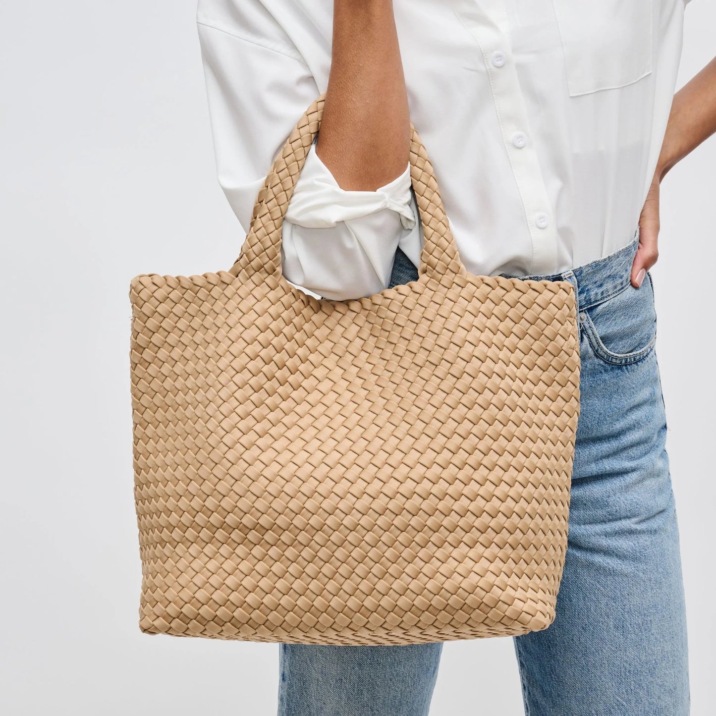 Sky’s The Limit Medium Woven Neoprene Tote Bag - Nude