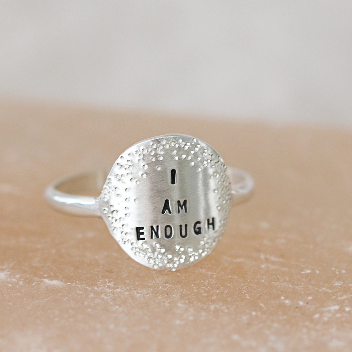 Sterling Silver Small Coin Inspirational Stamped Statement Ring - I Am Enough