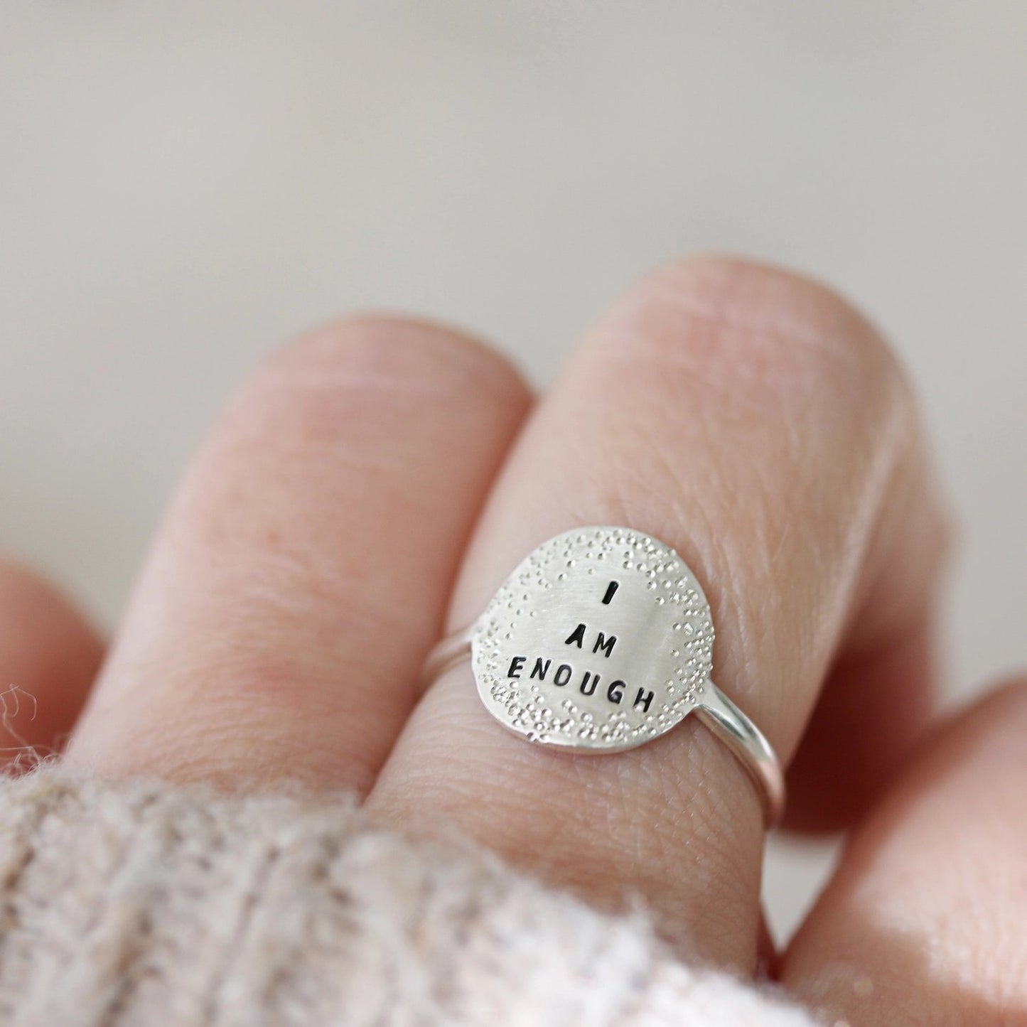 Sterling Silver Small Coin Inspirational Stamped Statement Ring - I Am Enough