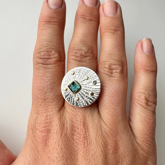Sterling Silver + 14k Gold 'Soulshine' Cocktail Ring with Teal Tourmaline