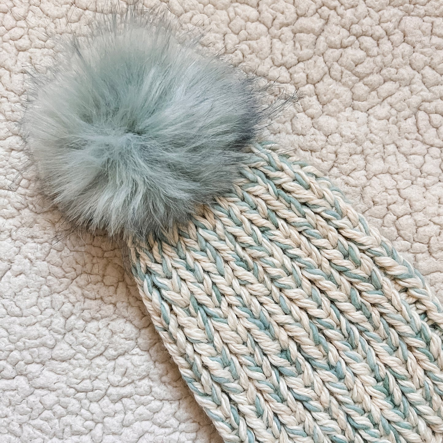 Handknit Pom-Pom Beanie (Select Color) Spa Blue/Cream