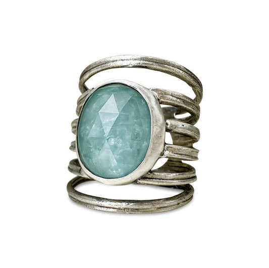 Oxidized Sterling Silver 'Split Rib' Ring with Sky Blue Kyanite