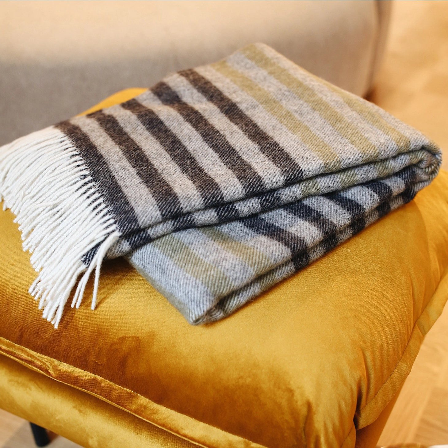 Strand Wool Throw - Charcoal, Light Grey + Khaki Stripe