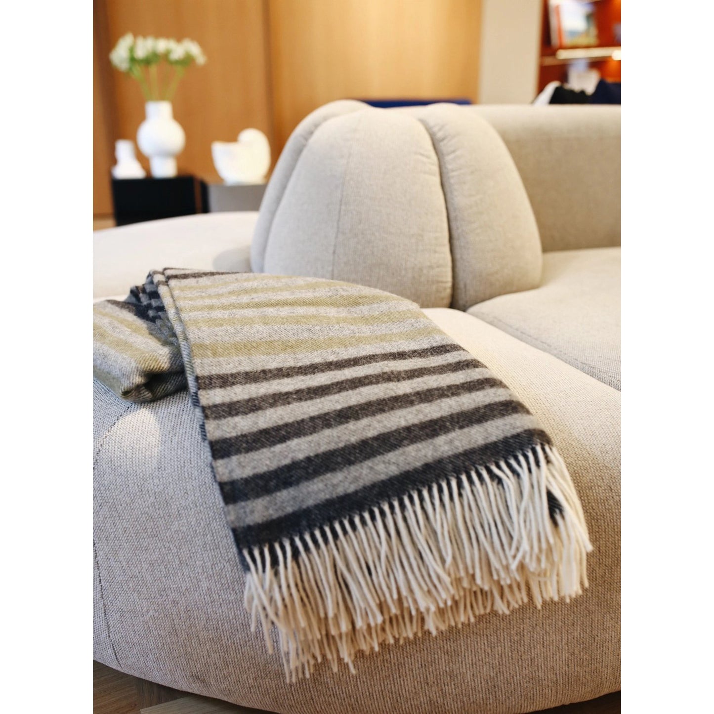 Strand Wool Throw - Charcoal, Light Grey + Khaki Stripe