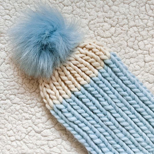 Handknit Striped Pom-Pom Beanie (Select Color) Blue/Cream