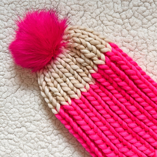 Handknit Striped Pom-Pom Beanie (Select Color) Pink/Cream