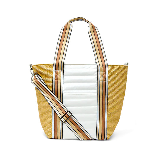 Sunset Tote Bag - Dune Raffia + Quilted White Patent