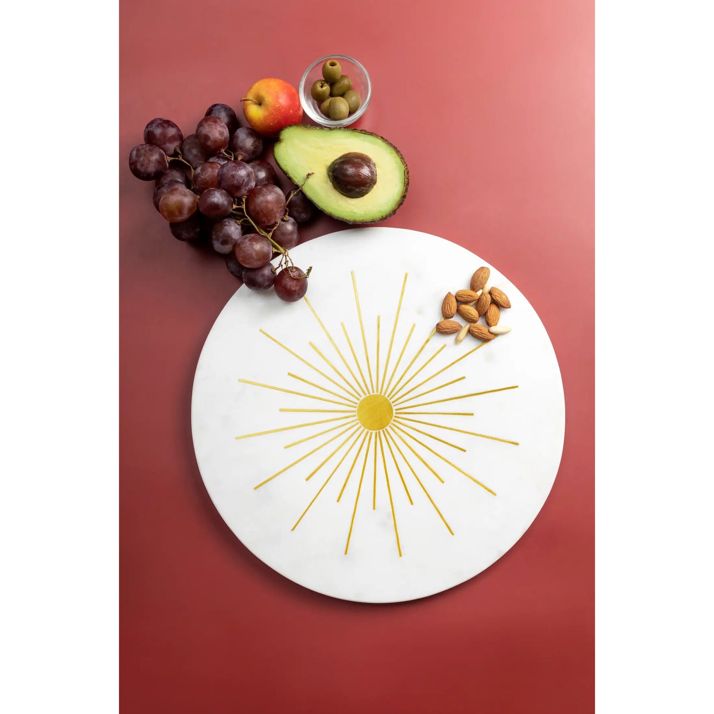 Round White Marble Board with Brass Inlay Sunburst