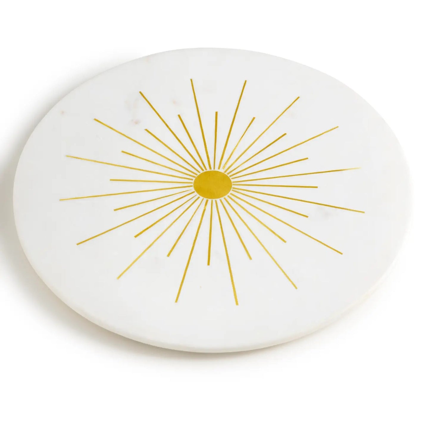 Round White Marble Board with Brass Inlay Sunburst