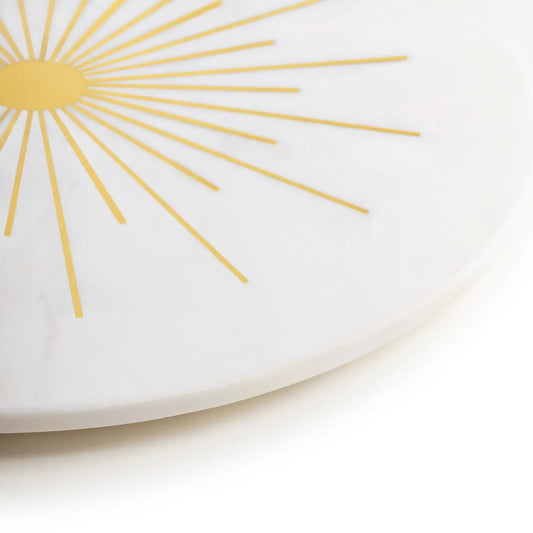 Round White Marble Board with Brass Inlay Sunburst