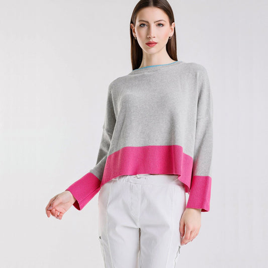 Clarice Contrast Hem Sweater - Pearl/Fuchsia