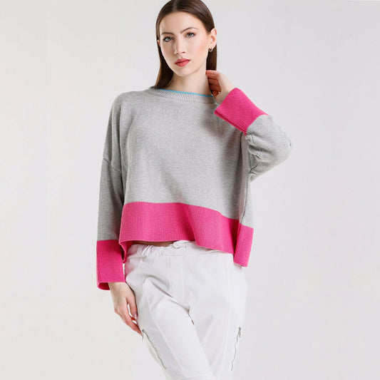 Clarice Contrast Hem Sweater - Pearl/Fuchsia