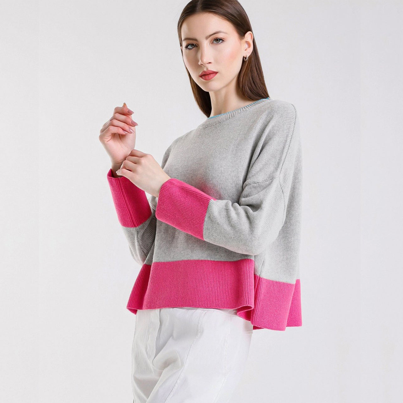 Clarice Contrast Hem Sweater - Pearl/Fuchsia