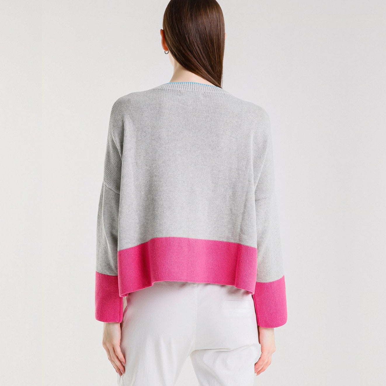 Clarice Contrast Hem Sweater - Pearl/Fuchsia