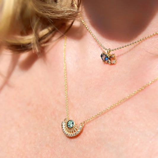 14k Gold, Blue-Green Tourmaline + Champagne Diamond ‘Tantallon’ Pendant Necklace