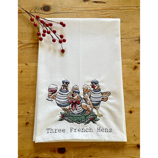 3 French Hens - Embroidered Flour Sack Kitchen Towel