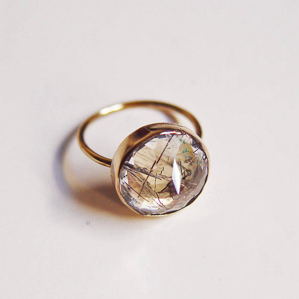 Rose Cut Rutilated Quartz Gold Fill Ring