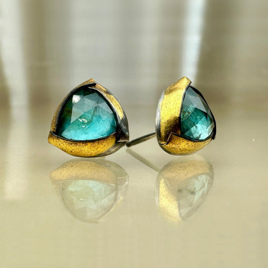 Mixed-Metal 'Tri Fold' Stud Earrings with Sky Blue Kyanite