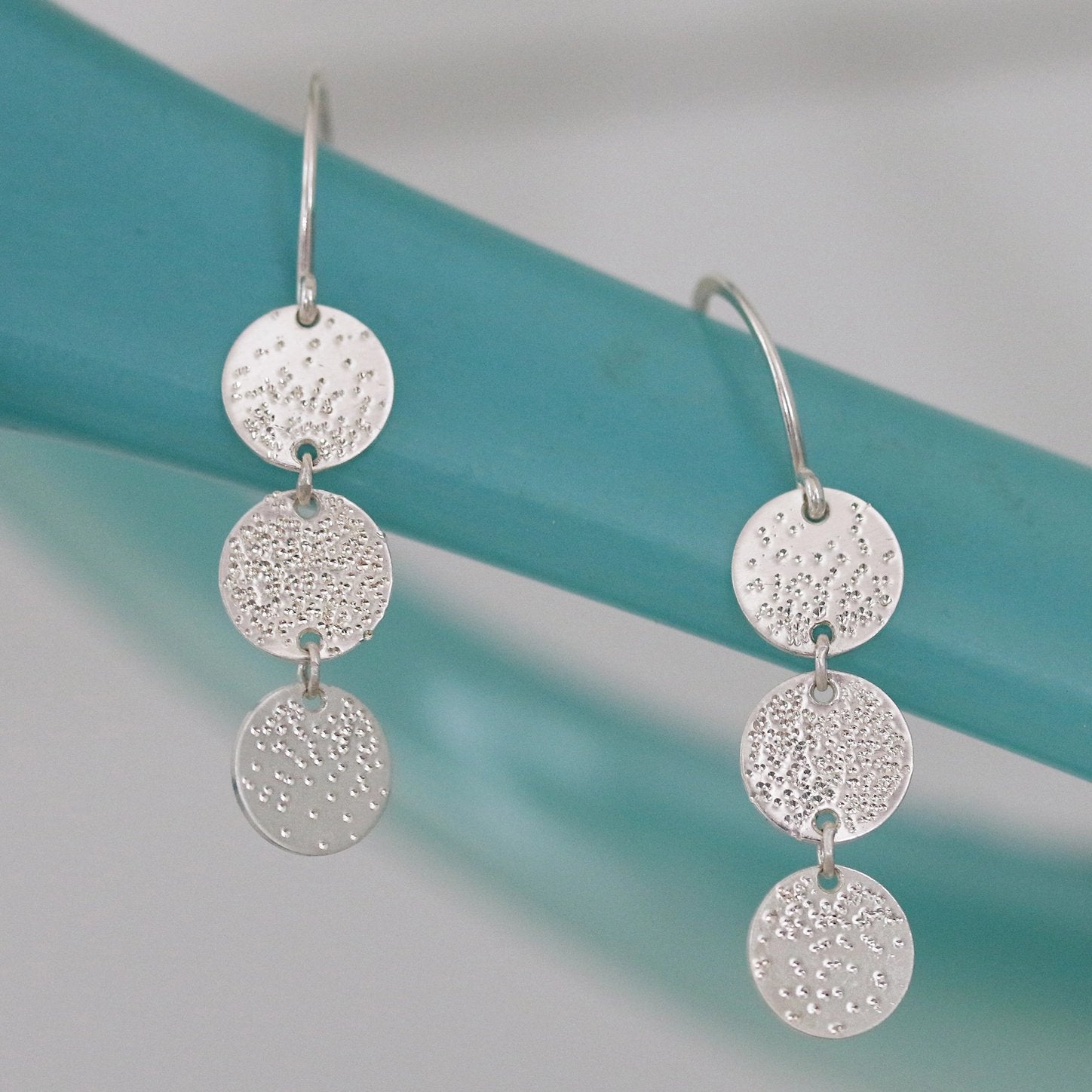 Diamond Dusted Triple Coin Dangle Earrings - Sterling Silver