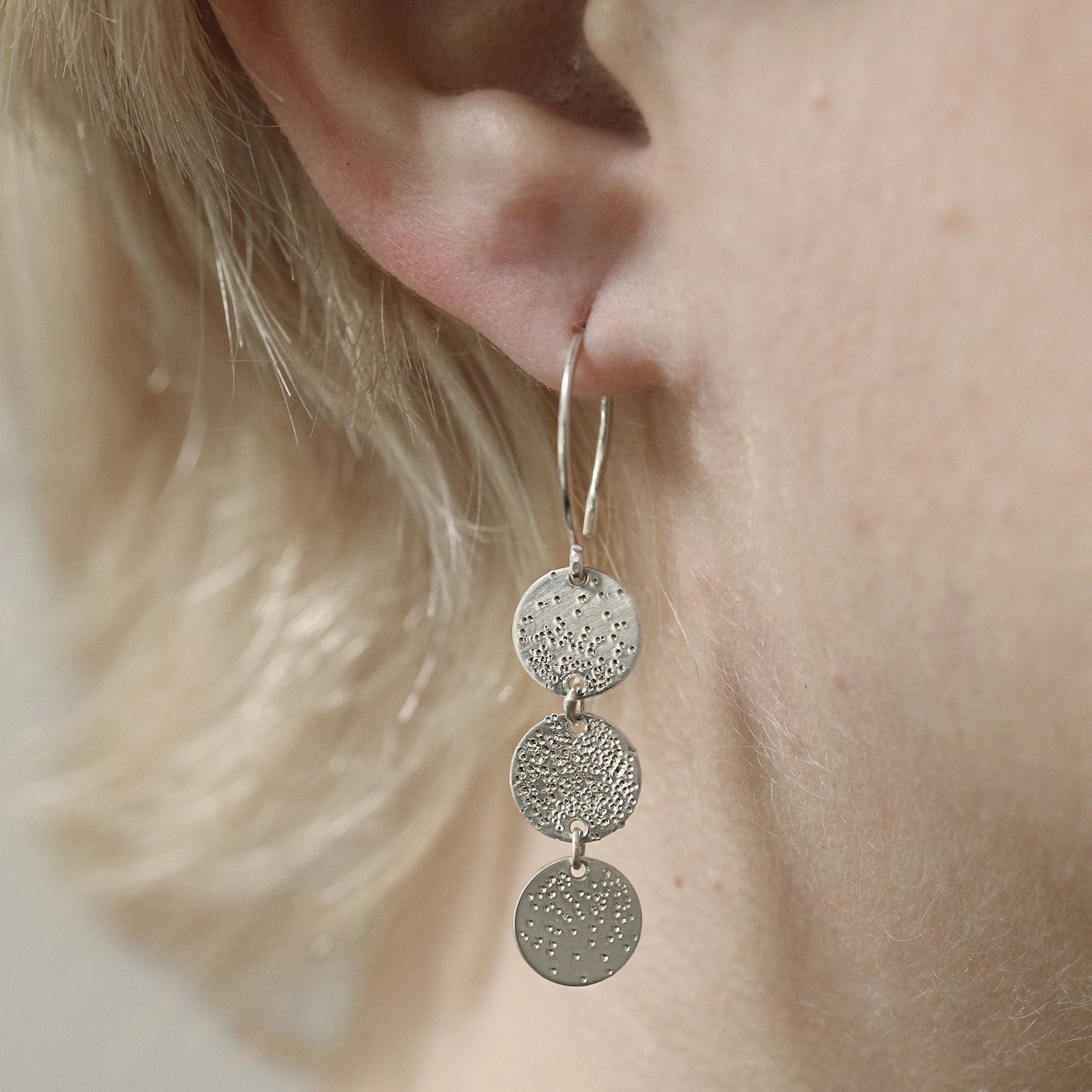 Diamond Dusted Triple Coin Dangle Earrings - Sterling Silver